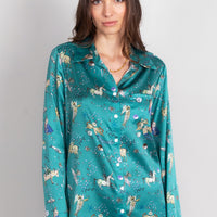 hand painted Persian night sky inspired print with mythical creatures, curious trinkets and gems silk long sleeve pyjama top