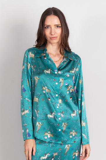 hand painted Persian night sky inspired print with mythical creatures, curious trinkets and gems silk long sleeve pyjama top