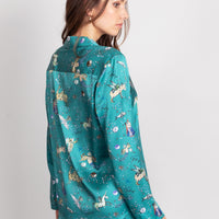 hand painted Persian night sky inspired print with mythical creatures, curious trinkets and gems silk long sleeve pyjama top