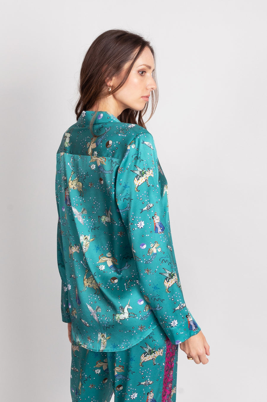 hand painted Persian night sky inspired print with mythical creatures, curious trinkets and gems silk long sleeve pyjama top