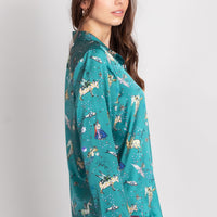 hand painted Persian night sky inspired print with mythical creatures, curious trinkets and gems silk long sleeve pyjama top