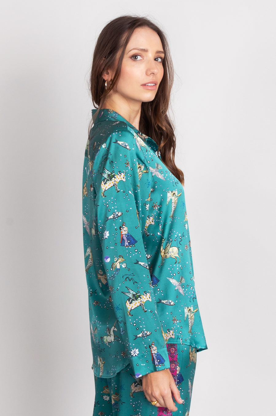 hand painted Persian night sky inspired print with mythical creatures, curious trinkets and gems silk long sleeve pyjama top