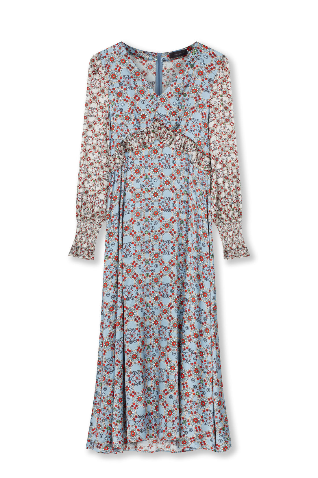 hand painted ice-blue tile print soft stretch silk maxi smock dress